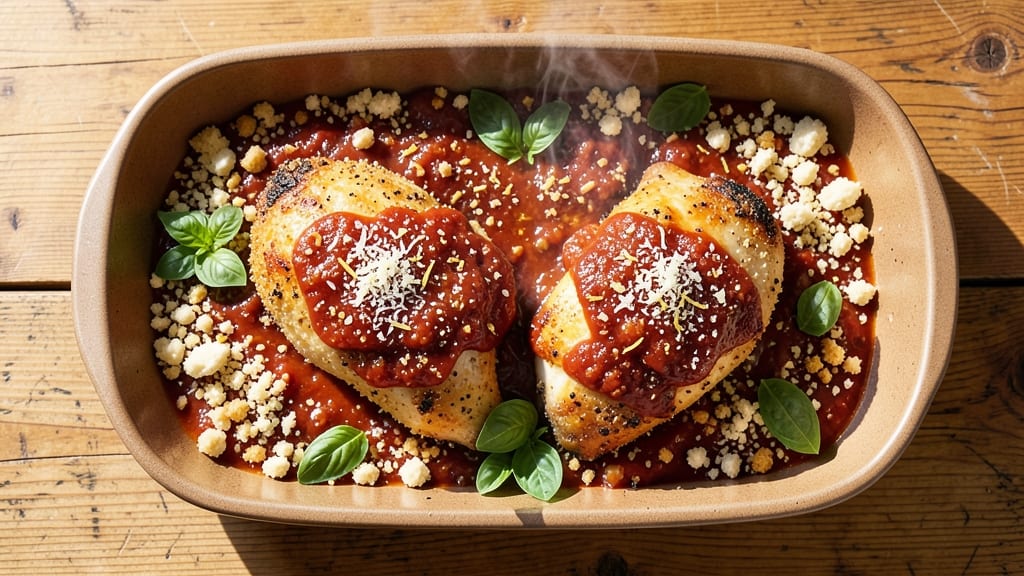 Baked Chicken Thigh Parmesan Recipe: Triple-Dredged Crunch With Melted Cheese Rivers