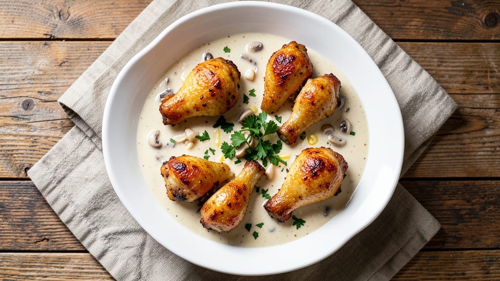 Baked Chicken Drumsticks With Cream Of Mushroom Soup Recipe: Mushroom Cream Sauce Bath for Juicy Crispy Bites